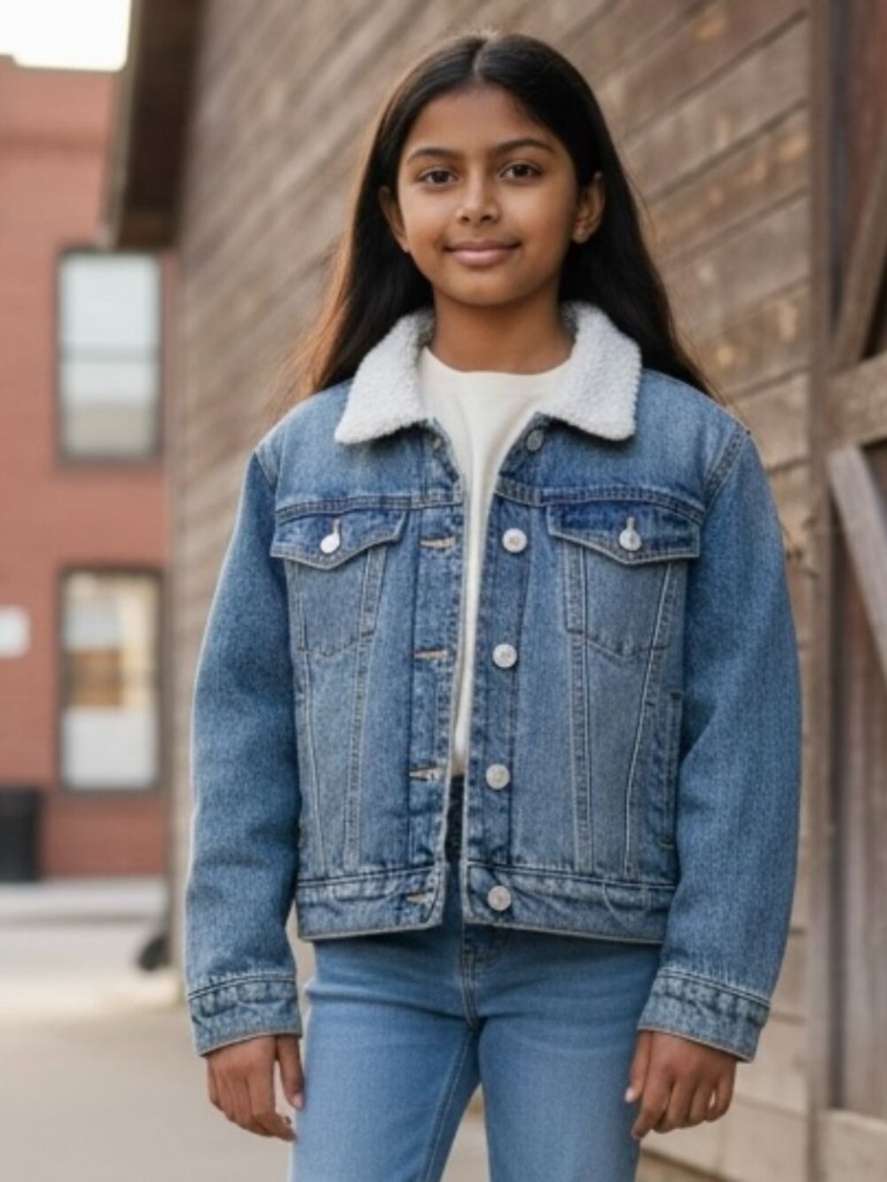 Old Navy Denim Jacket Girls size Medium (8) Sherpa lined cropped Barn Coat